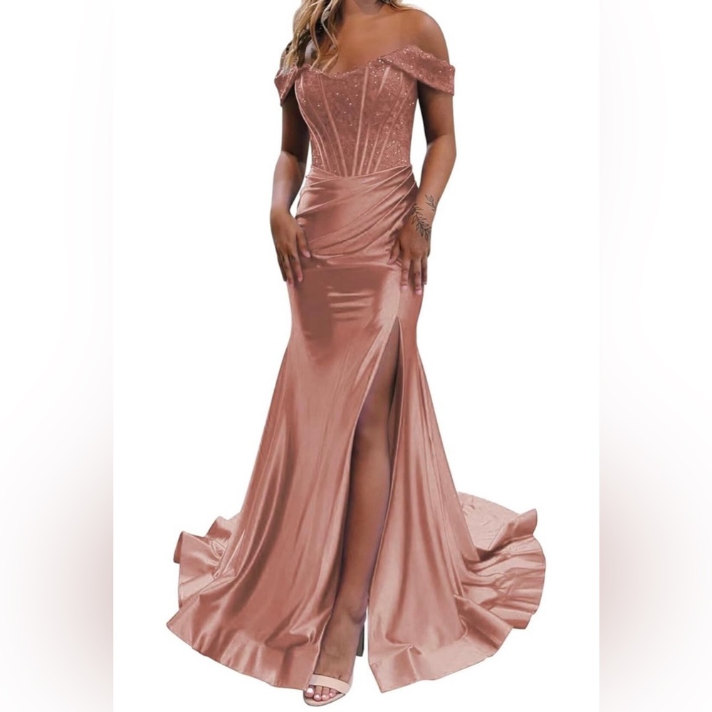 Off Shoulder Lace Appliques Satin Long Split Formal Gown